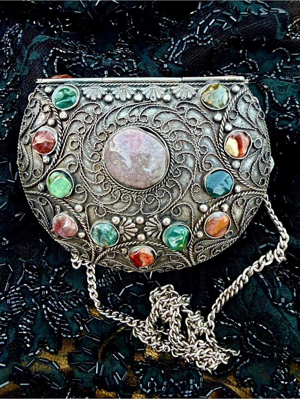 VTG 1980s Sajai Handcrafted Metal Gemstone Crossbody Bag Natural Agate Jasper